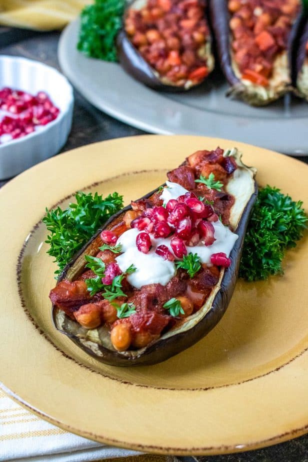 Stuffed Eggplant on yellow plate