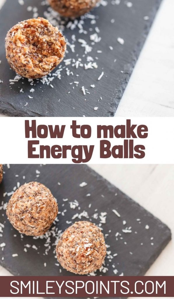 collage of protein peanut butter balls on a slate serving dish with coconut shavings 