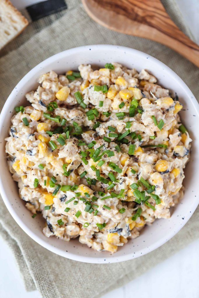 Large white bowl of chickpea tuna salad