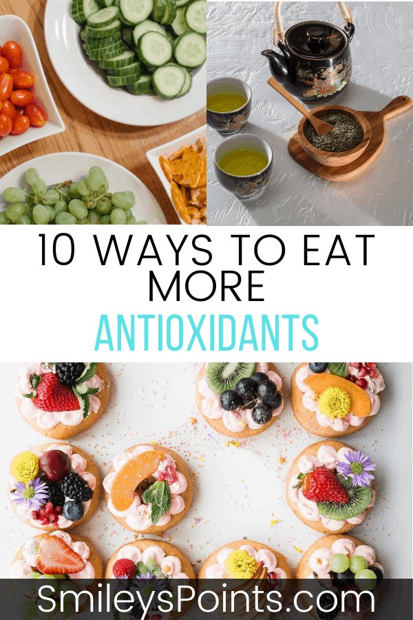 Collage of high antioxidant foods. Vegetables, green tea,and cookies with various fruits on top.