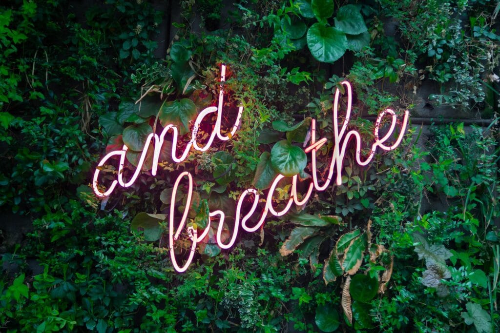 box breathing and breathe pink neon sign