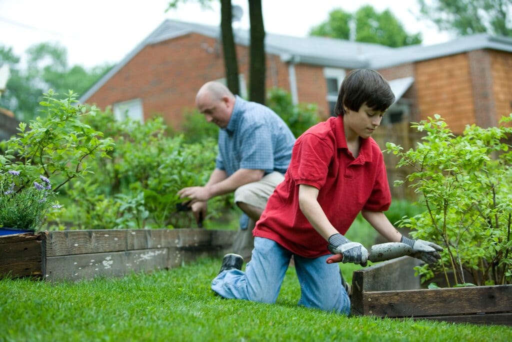 garden together. older man and younger boy gardening together