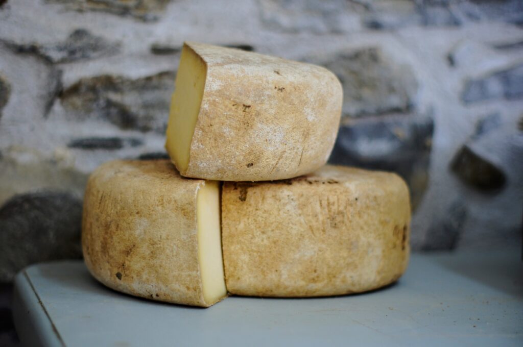 Goat cheese rounds sliced into thirds arranged on a white table near a stone wall.