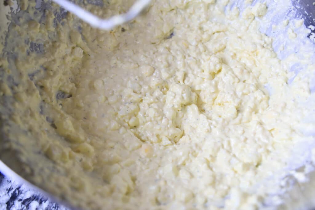 Boiled eggs whipped until creamy in a bowl