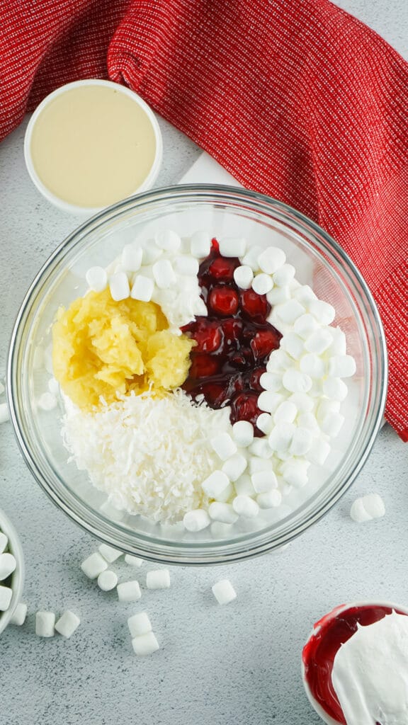 cherry fluff ingredients all in one clear bowl 