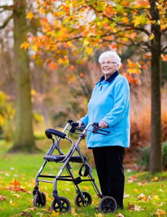 Elderly woman with assistive device walker in the park at autumn time